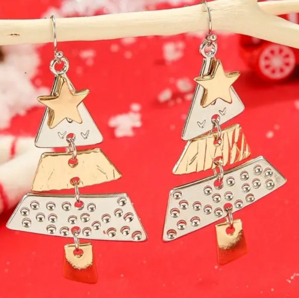 Festive Gold and Silver Star Dangle Earrings - Picture 2 of 3